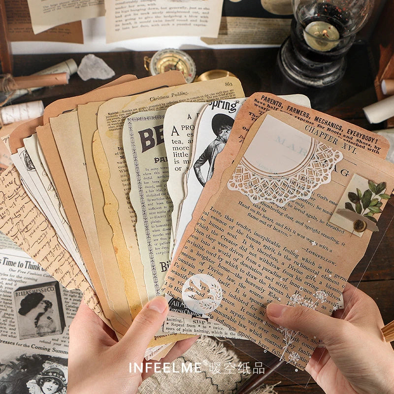 papier decoratif vintage papier ancien motifs floraux papillons textes imprimés beige marron blanc 24