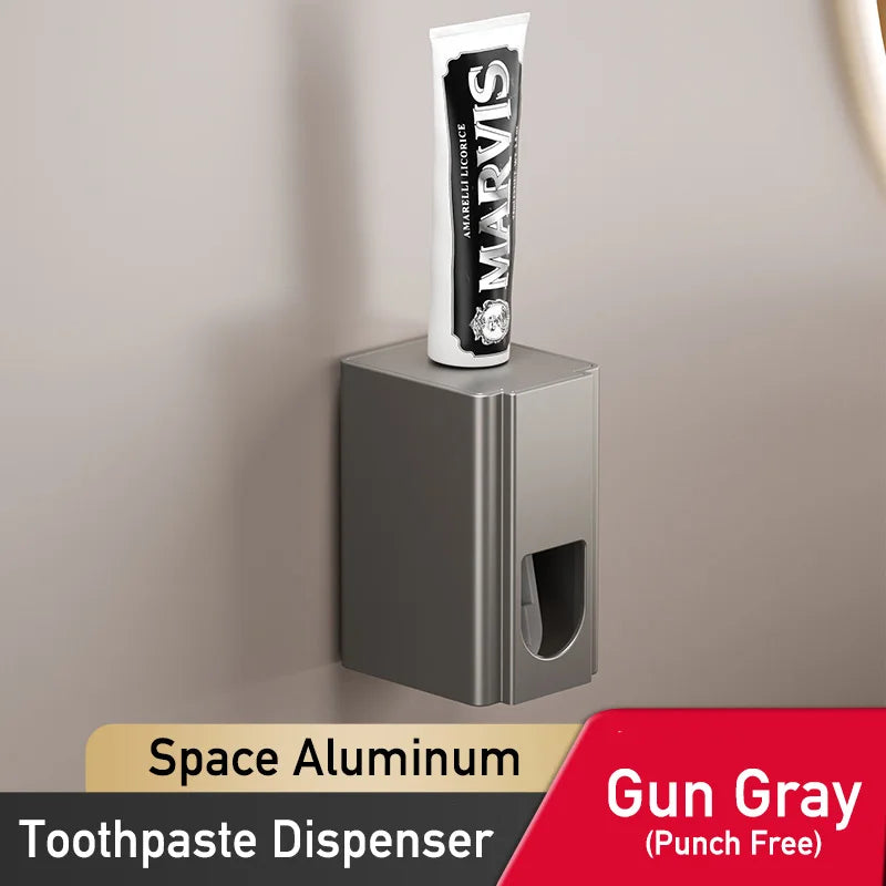 distributeur dentifrice mural gris métallisé moderne adhésif embout dégagement minimaliste