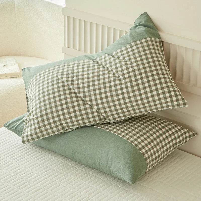 taie d'oreiller coton 100% motif carreaux moderne lit chambre décoration maison jaune bleu