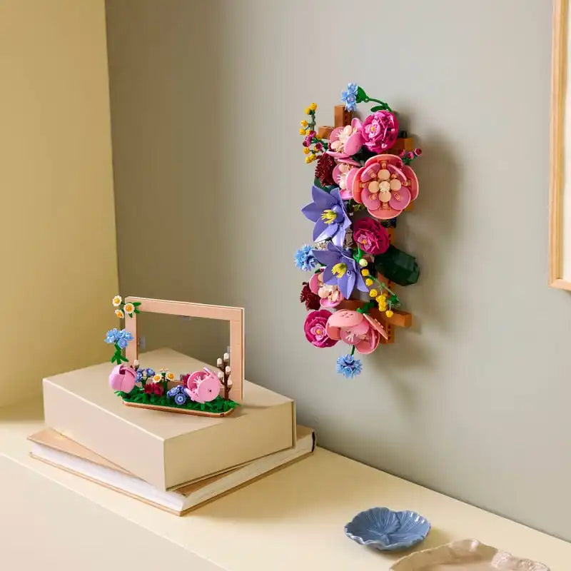 cadre photo fleurs pièces lego beige rose vert bleu jaune