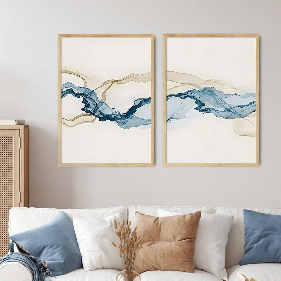 toile d'art abstraite moderne minimaliste beige bleu fluides sans cadre rectangle vertical huile nature
