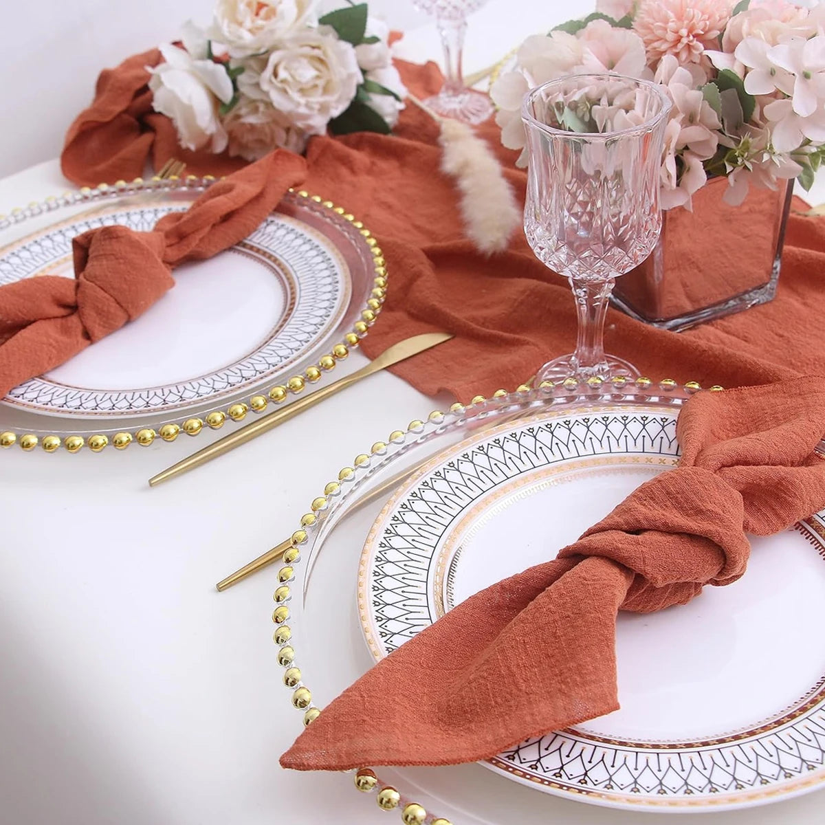 serviettes table orange rustique texture texturée 40x40cm fleurs séchées décoration champêtre