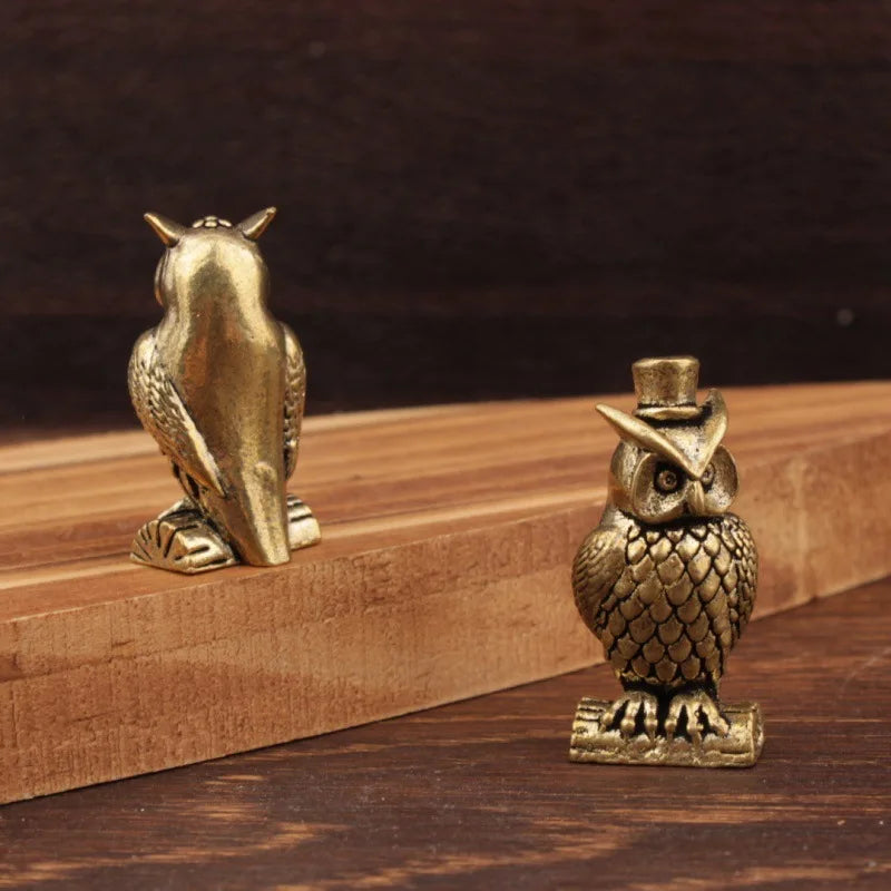 figurines oiseaux chouette bronze détaillées plumes chapeau haut forme décorative vintage