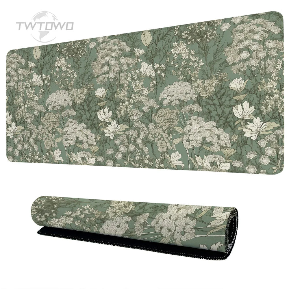 tapis souris vert olive fleurs blanches adhésif antidérapant taille 900x400 mm gaming