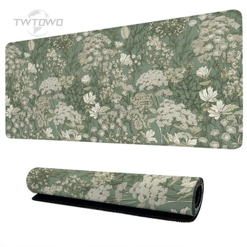 tapis souris vert olive fleurs blanches adhésif antidérapant taille 900x400 mm gaming