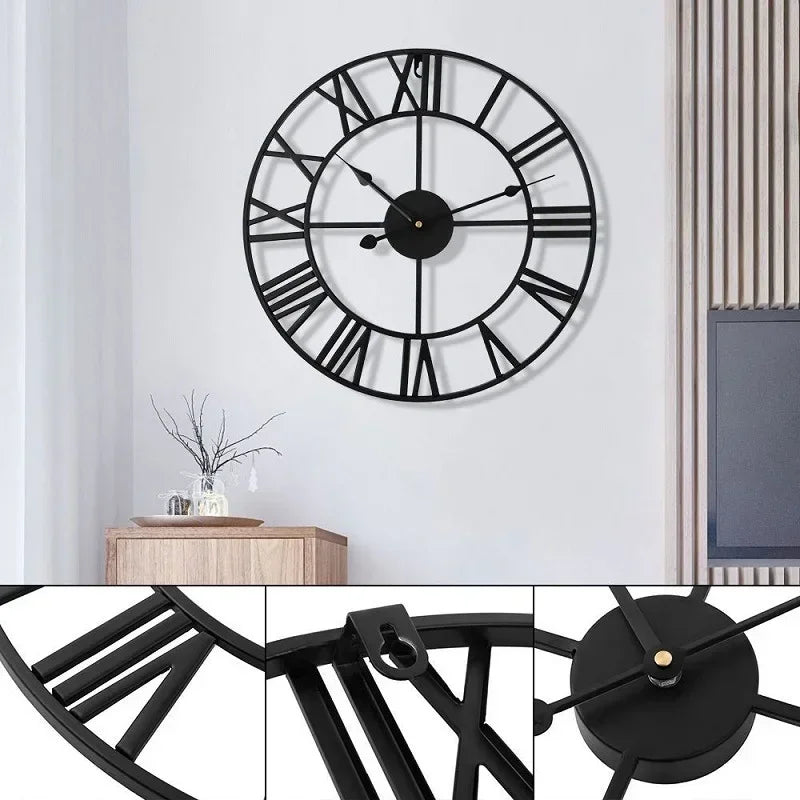 horloge murale industrielle vintage aiguilles métal chiffres romains noir doré salon decoration