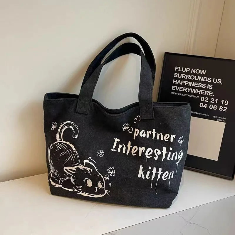 sac main gris imprimé chaton poignées détachables casual toile polyester