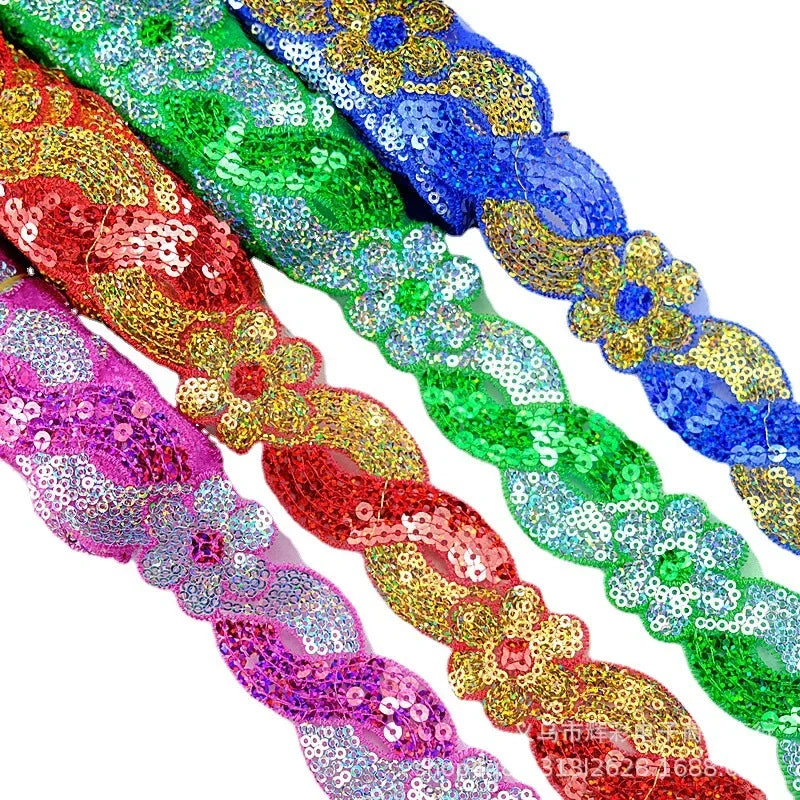 ruban décoratif dentelle sequins fleurs 4cm bleu vert rouge rose or argent partie