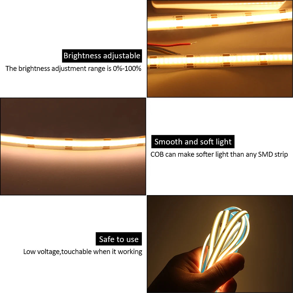 ruban led cob blanc jaune flexible haute densité 608 leds 10mm pcb adhésif