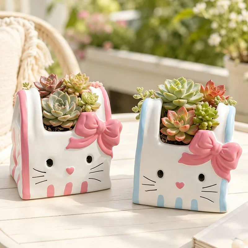 cache pot résine forme chat blanc bleu rose yeux noirs narines roses sourcils noirs
