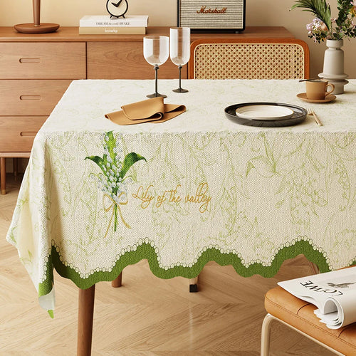nappe table rectangulaire motif fleurs muguet beige vert clair tissu imperméable rustique
