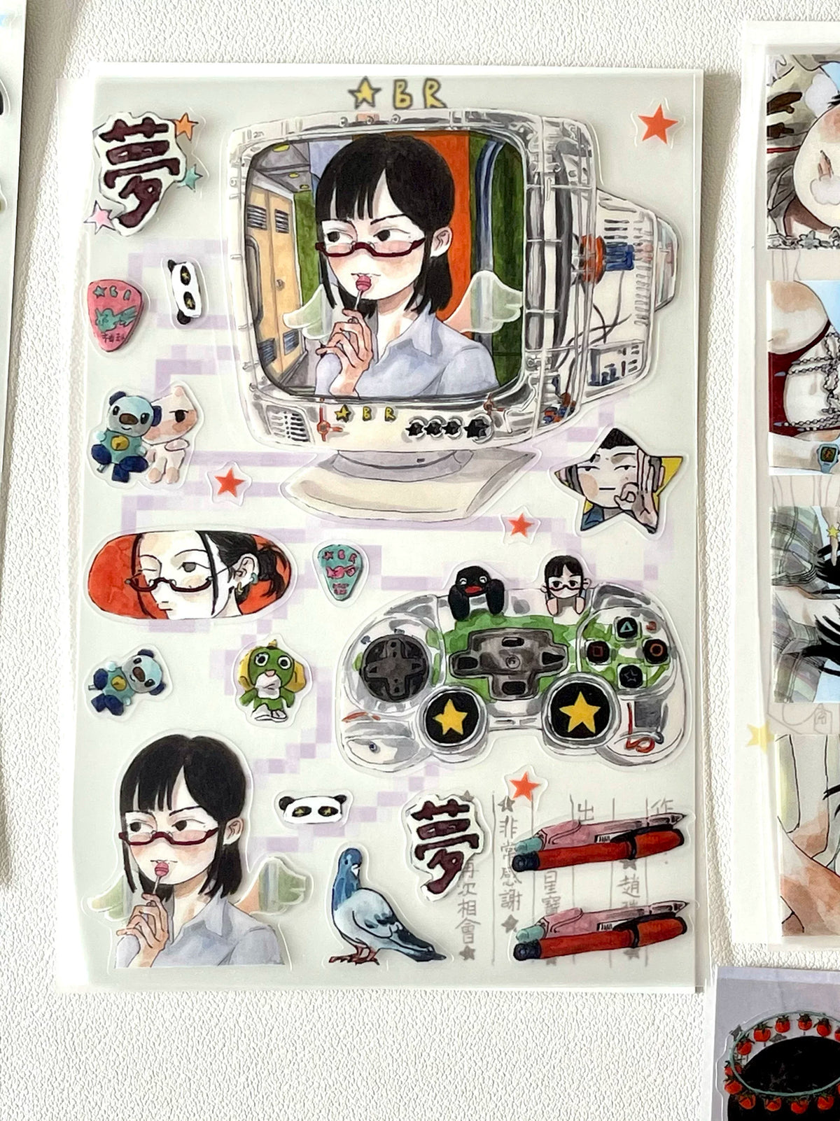 sticker multicolore personnages animaux motifs floraux art japonais diy scrapbooking illustrations fantaisistes