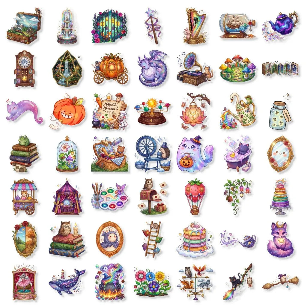 autocollants multicolores fantaisie cartoon animaux magiques objets enchantés livre souris carotte potion échantillon magique