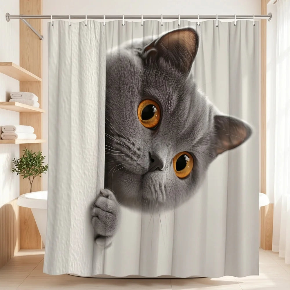 rideau douche chaton gris blanc motif humoristique moderne tringle texture polyester blanc fond