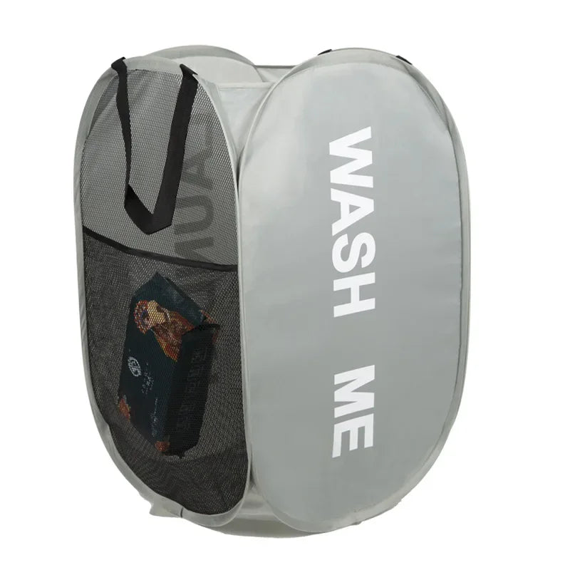 panier linge noir gris moderne réutilisable polyestère wwash me laundary imprime poignées multifonction salle