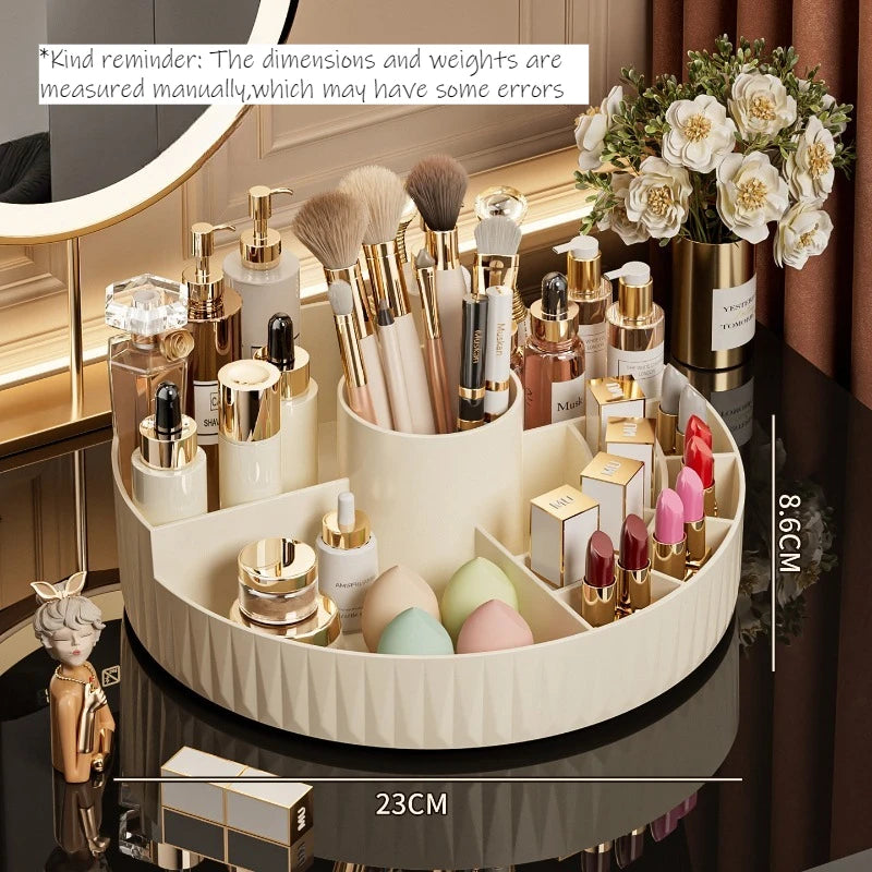 organisateur maquillage rotatif beige rayures moderne brosse parfum crème poudre rouge palette