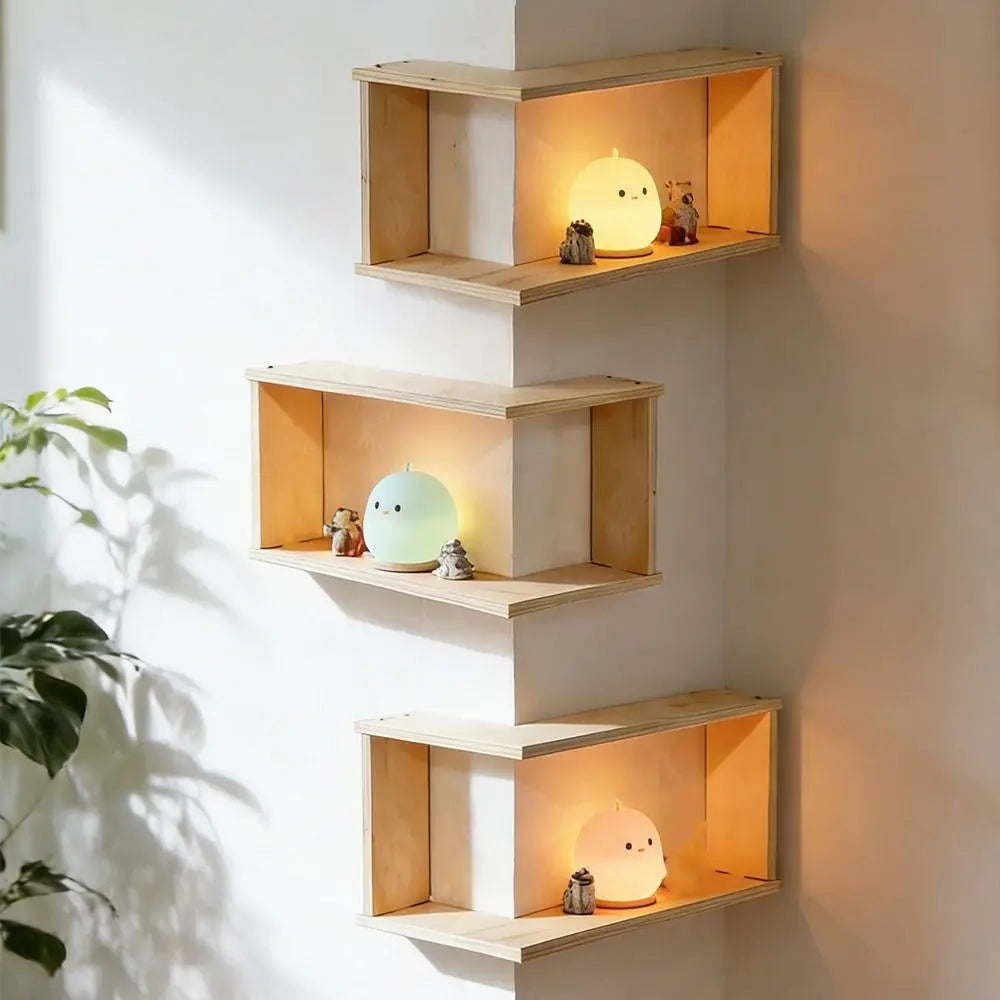 étagère murale bois naturelle moderne plante artificielle lampe led photo jouets livres horloge