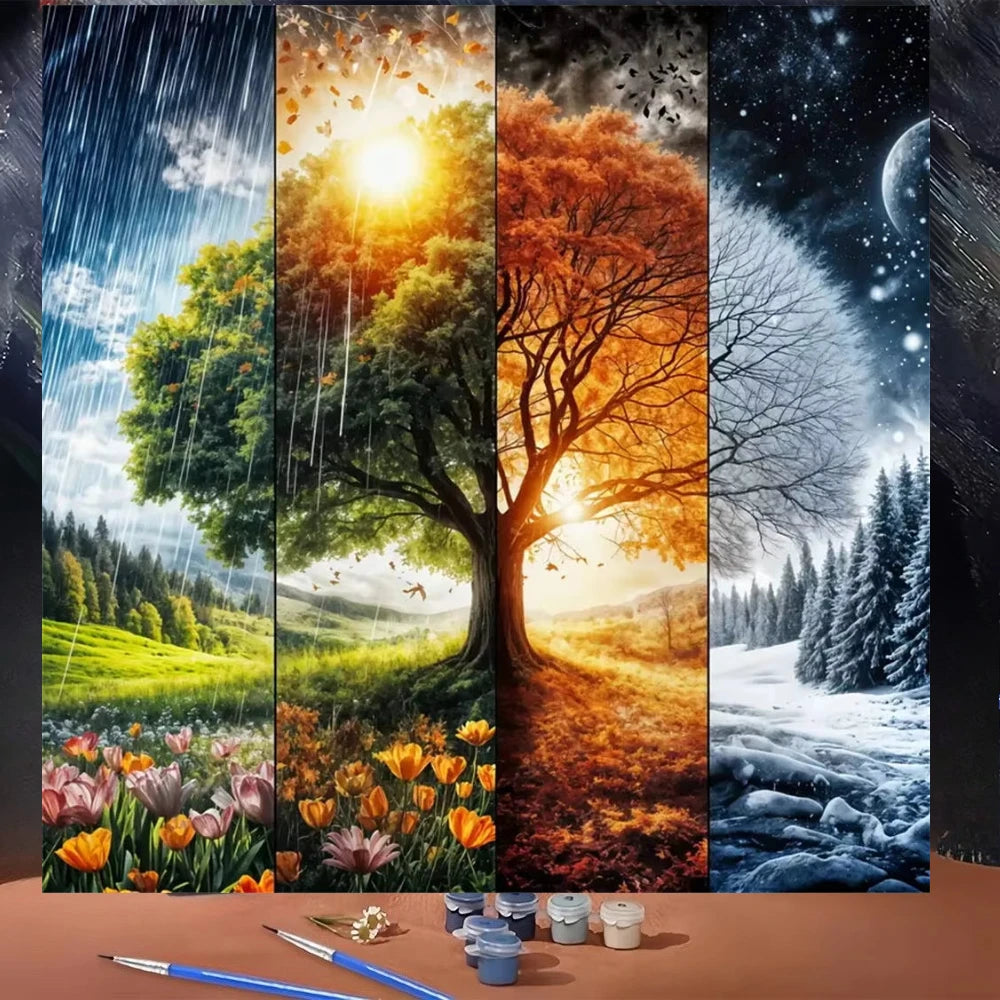 peinture l'huile toile paysage arbres saisons décoration salon artisanal main