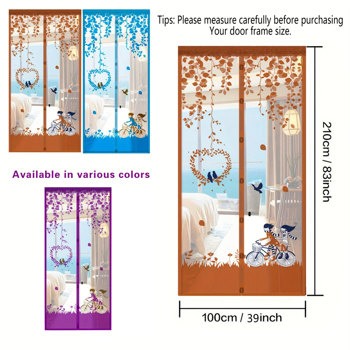 rideau porte magnétique violet fleurs feuilles moderne opacité ventilation anti insectes