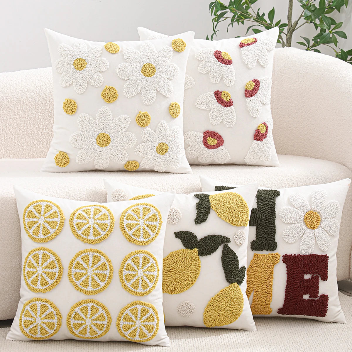 housse coussin brodée fleurs citrons décoration printemps été carreaux polypropylène utilisation siège chaise voiture