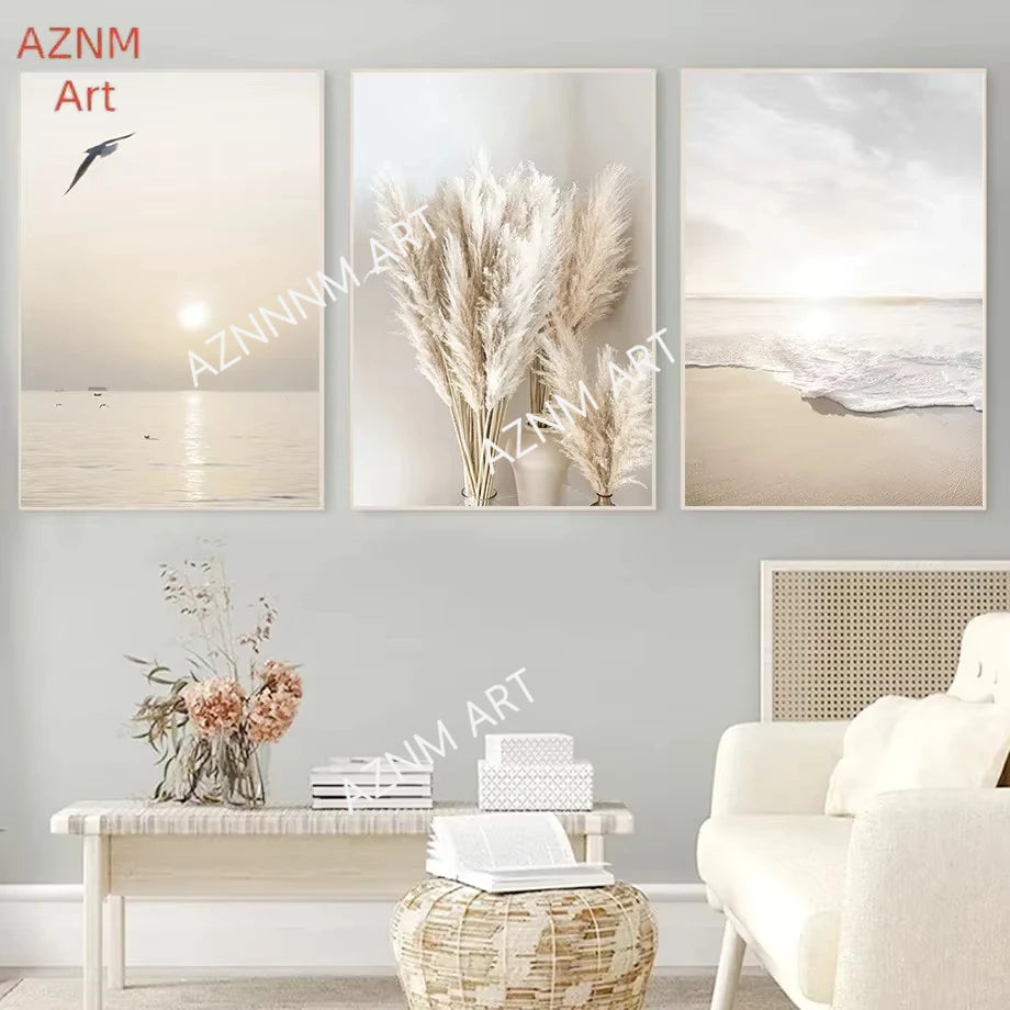 affiches art minimaliste paysages marins plumes feuilles beige blanc gris bleu clair toile opaques