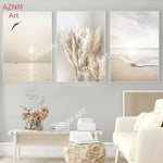 affiches art minimaliste paysages marins plumes feuilles beige blanc gris bleu clair toile opaques