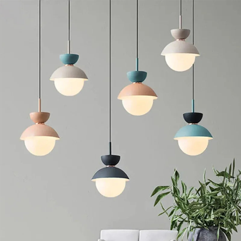 suspension lumineuse moderne pendentif câble bleu rose gris sphérique mat