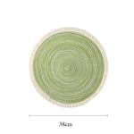 tapis table rond franges tissées beige blanc moderne respectueux environnement