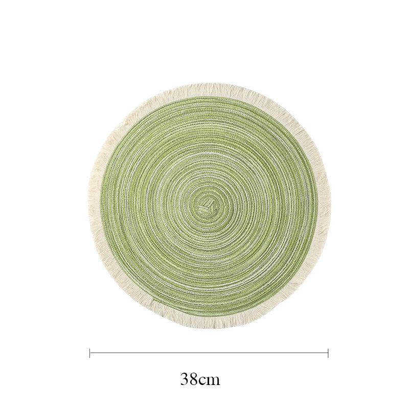 tapis table rond franges tissées beige blanc moderne respectueux environnement