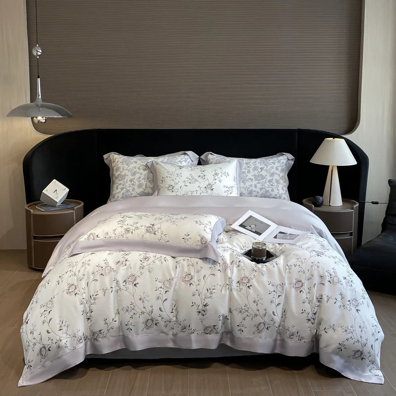ensemble literie fleurs gris blanc housse couette drap taies oreiller lyocell eucalyptus doux