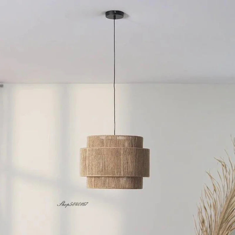 Suspension lumineuse tissu marron clair moderne rustique câble noir chambre salon