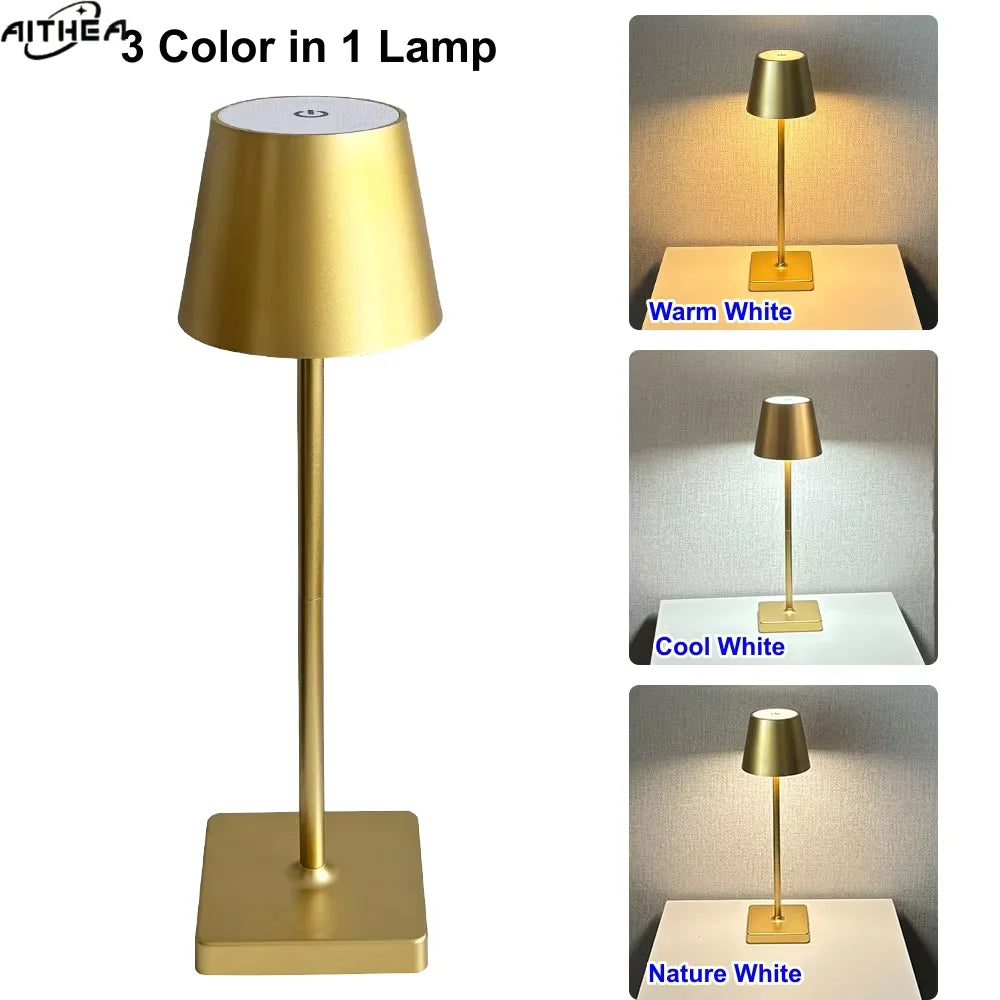 Lampe de chevet LED rechargeable noire sur table de nuit