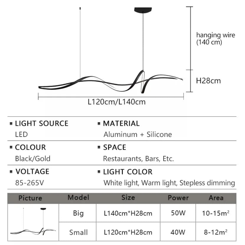 lampe suspendue moderne câble noir doré ondulé 120cm 140cm lumière froideversible