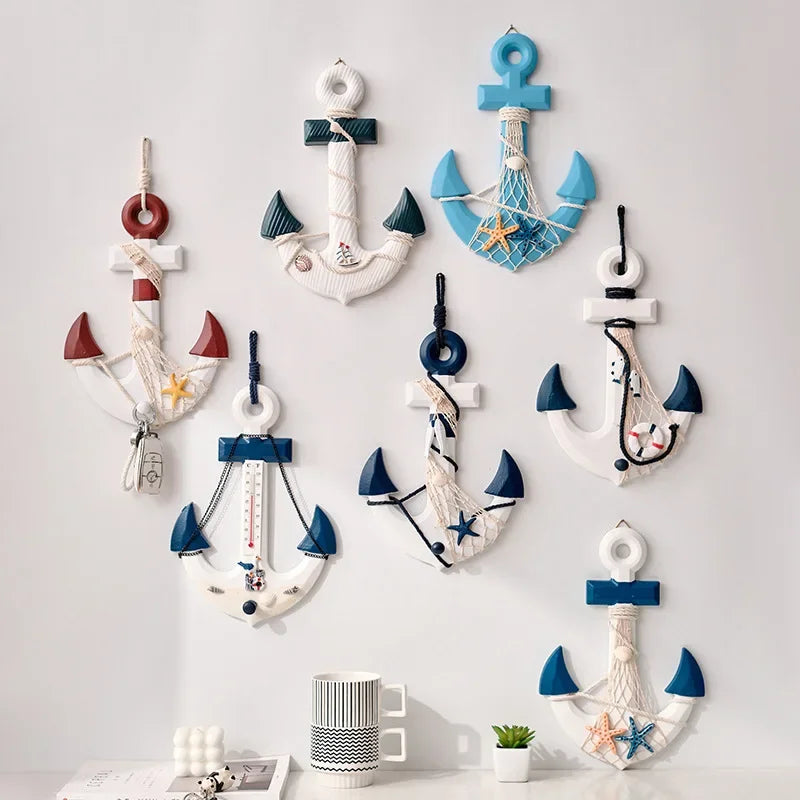 décoration murale ancre bois nœuds bleu rouge thermomètre coquillages étoiles mer opacité