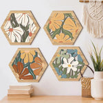 coasters hexagonaux bois naturel fleurs stylisées moderne adhésif double face blanc vert orange bleu