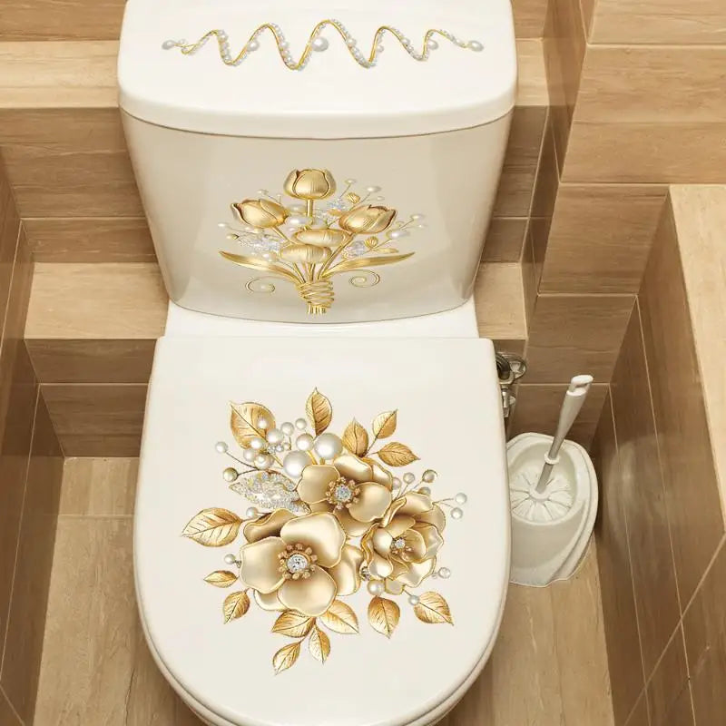 cache siège toilette blanc doré fleurs feuilles adhésif salle bain élégant classique deco intérieure