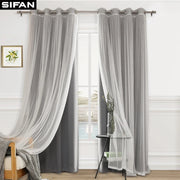 rideau plissé double couche gris blanc moderne voile transparent tringle élégant intérieur