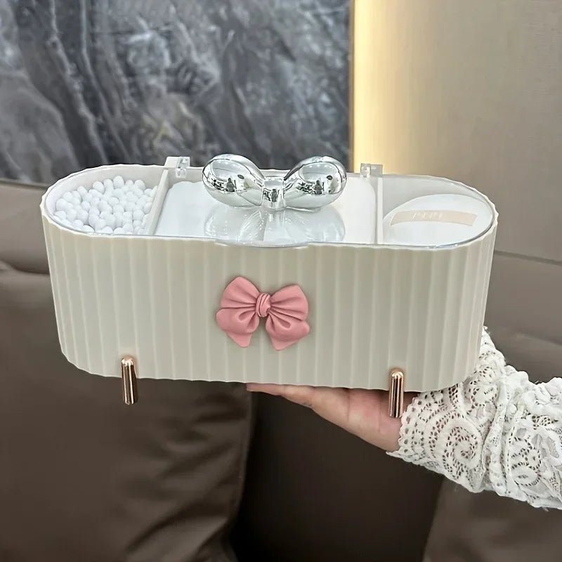 boîte rangement cosmétique moderne beiges rayures clips dorés brosse maquillage accessoires trousse poudre écouvillons