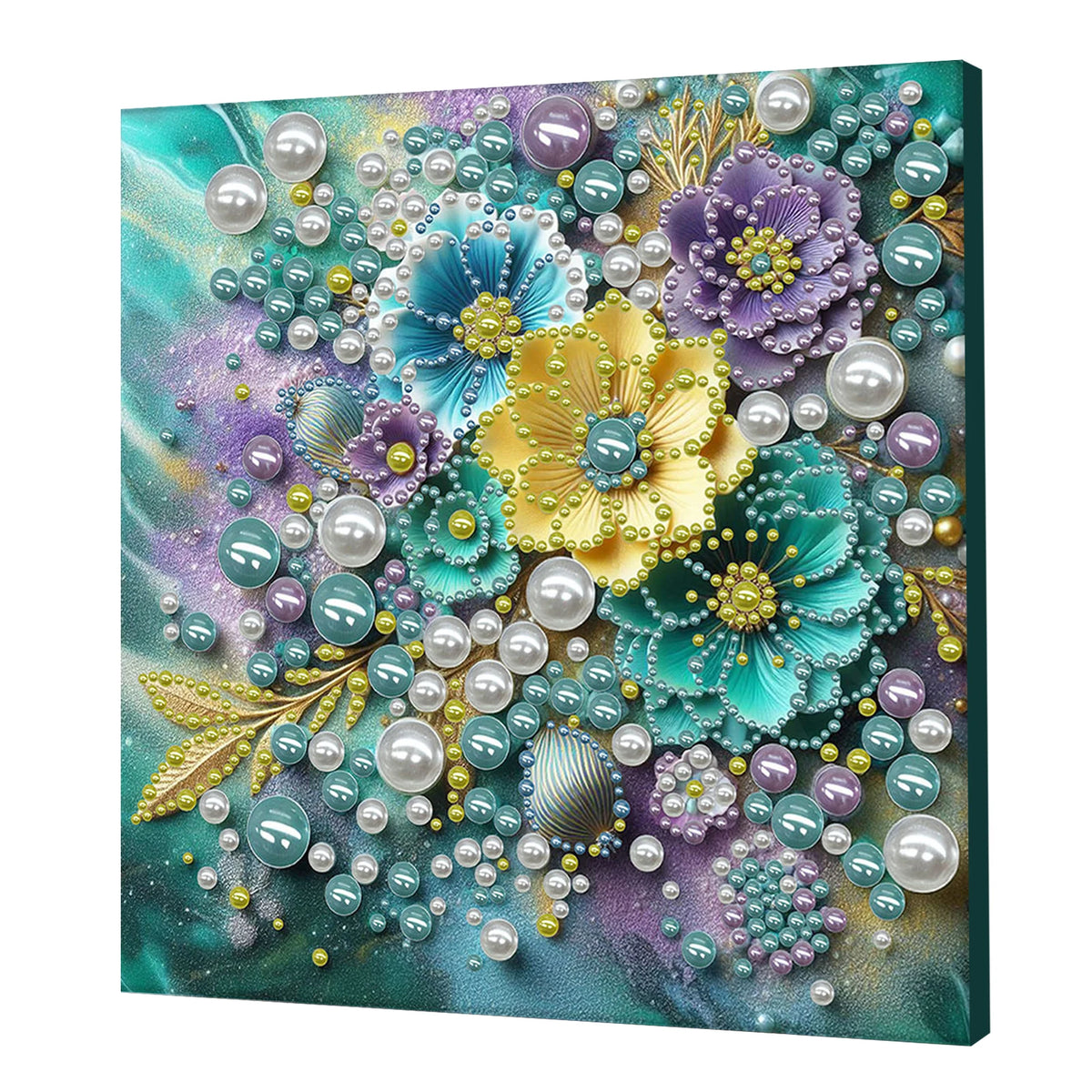 tableau décoratif fleurs coquillages art floral brillant rose violet bleu vert blanc moderne adultes