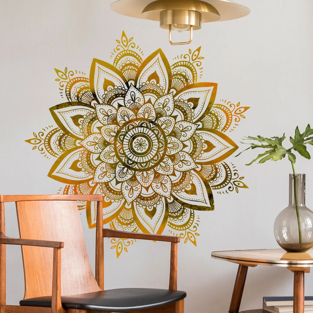 sticker mural mandala complexe doré beige ethnique boho chic adhésif salon chambre décoration murale