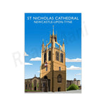Affiche illustrée de la cathédrale Saint-Nicolas de Newcastle-upon-Tyne, un édifice religieux de style architectural impressionnant situé dans cette ville anglaise.