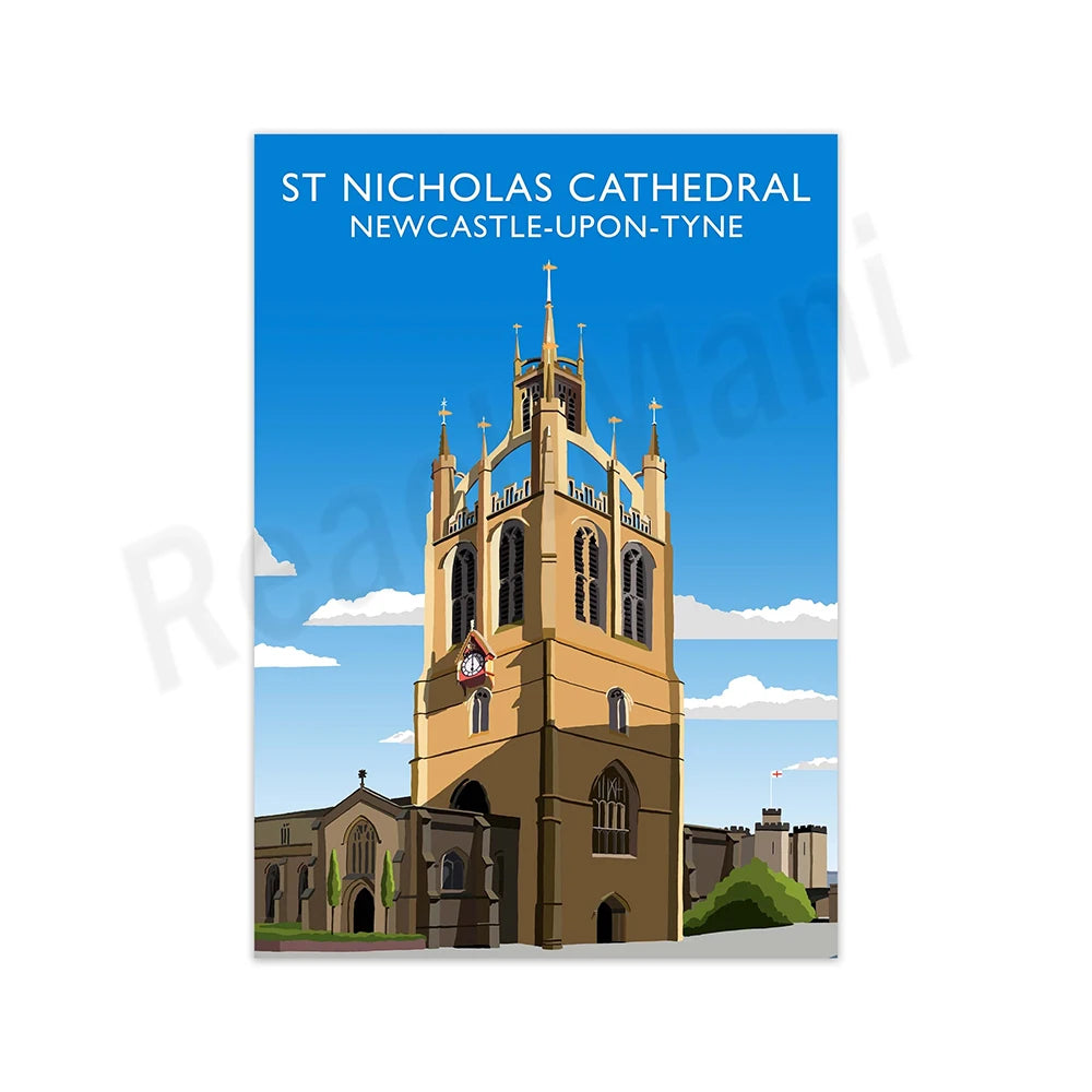 Affiche illustrée de la cathédrale Saint-Nicolas de Newcastle-upon-Tyne, un édifice religieux de style architectural impressionnant situé dans cette ville anglaise.