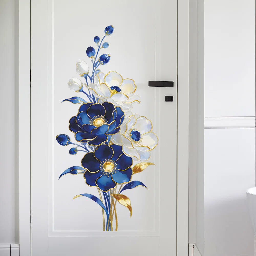 décoration murale sticker floral bleu blanc doré peinture aquarelle brillant adhésif élégantintérieur