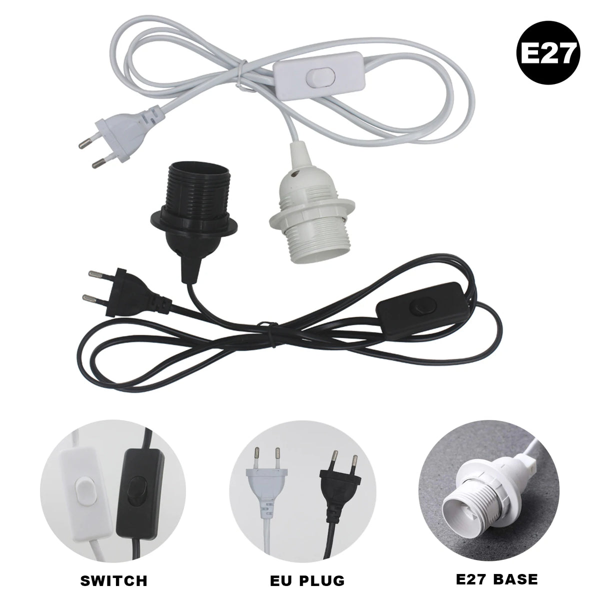 câble électrique vintage ampoule e14 e27 noir blanc douille socket interrupteur variateur 1mètre