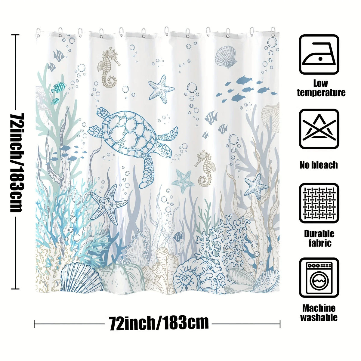rideau douche moderne thème marin tortue hippocampes étoiles mer blanc bleu gris