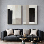 tableau abstrait moderne toile couleur noir beige geometrie minimaliste deco salon vertical