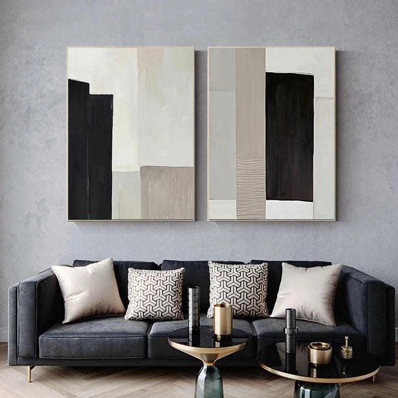 tableau abstrait moderne toile couleur noir beige geometrie minimaliste deco salon vertical