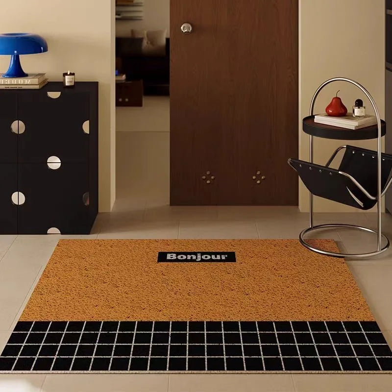 tapis d'entrée moderne noir motif grille blanche texte bonjour sol intérieur anti dérapant pvc