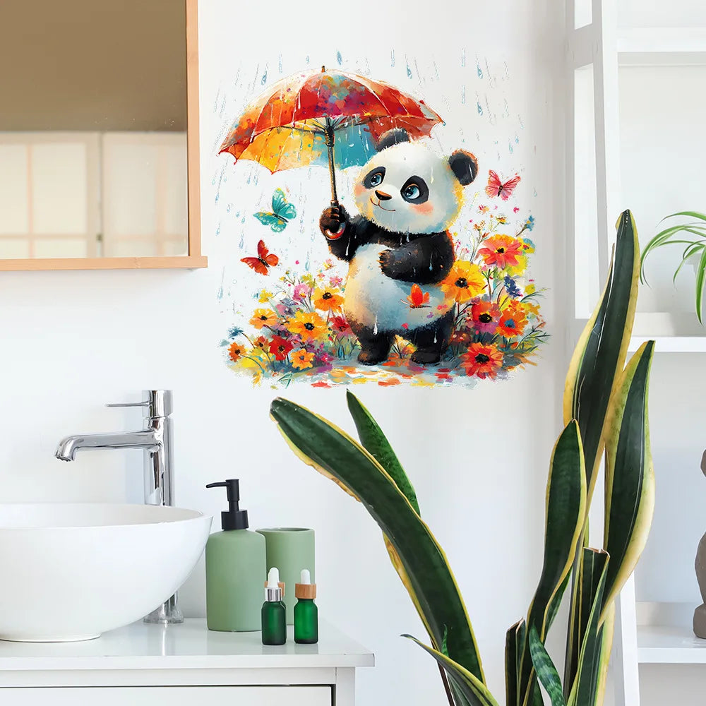 autocollant mural panda parapluie fleurs papillons enfantin cartoona opaque adhésif chambre enfants decoration murale