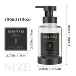 distributeur savon liquide noir bleu clair moderne minimaliste transparent pompe pression étiquette noire texte